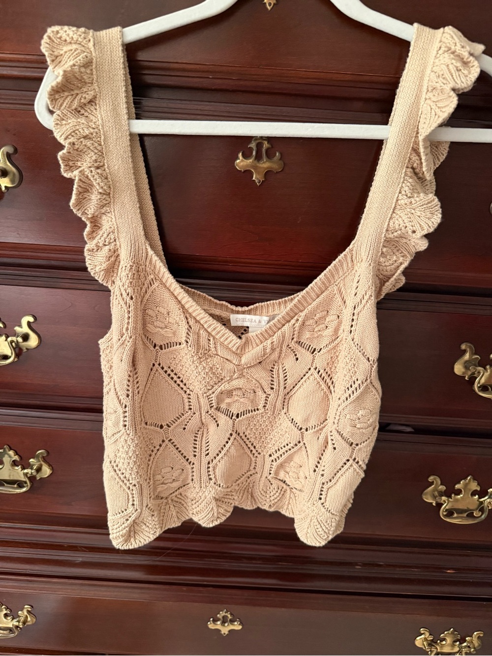 Chelsea & Violet Beige Crochet Ruffle Strap Tank